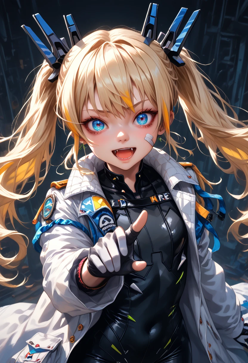 1girl, character: laplace (nikke), blonde hair, twintails, blue eyes, highres, long hair, sidelocks, looking at viewer, open mouth, black bodysuit, fang, bandaid on cheek, white coat, headgear, absurdres, two-tone gloves,score_9, score_8_up,score_7_up, masterpiece, best quality, perfect anatomy, very aesthetic, 8k