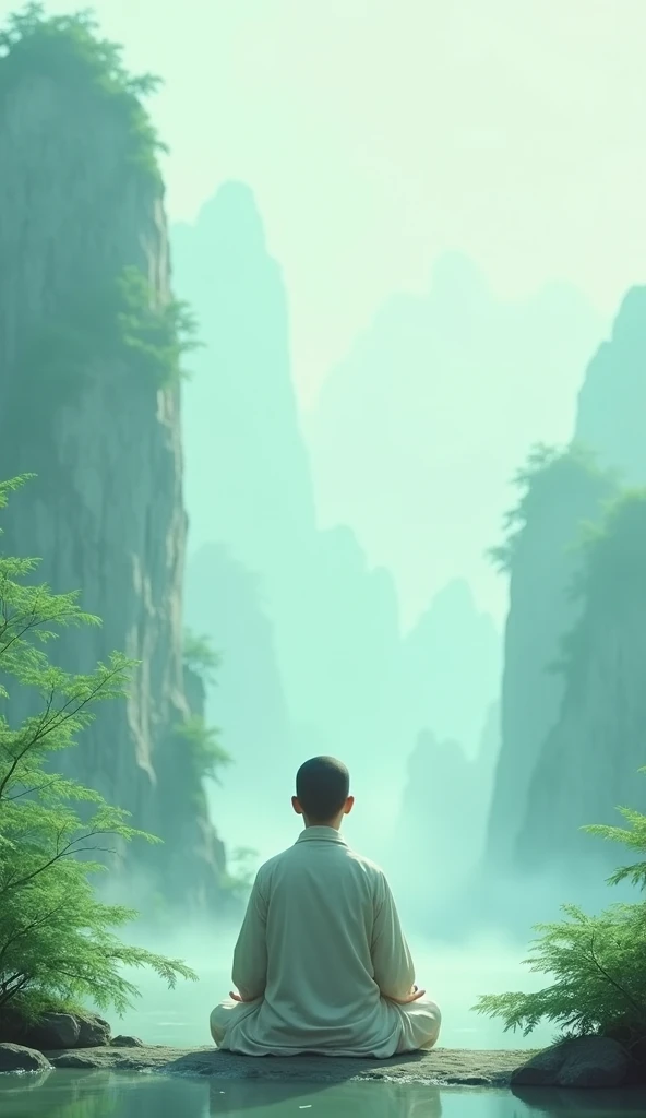 light blue-green，Chinese artistic conception style mural，A young monk is meditating，The lens is shot from the front，The expression is calm。Simple and elegant style，clear wallpaper，Exquisite details，Surrounded by light-colored landscape paintings，light mist，Green leaves，Jade carving technology，Ultra-high resolution。 
