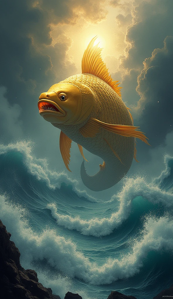 An image depicting Lord Vishnu as Matsya, a giant golden fish with a divine aura, swimming in a vast ocean during the pralaya (deluge). He is shown holding sacred scriptures (Vedas) in his mouth, protecting them from the floodwaters, with a stormy sky and turbulent waves in the background.