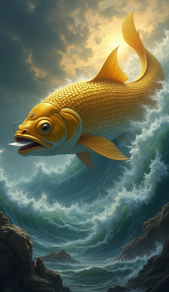 An image depicting Lord Vishnu as Matsya, a giant golden fish with a divine aura, swimming in a vast ocean during the pralaya (deluge). He is shown holding sacred scriptures (Vedas) in his mouth, protecting them from the floodwaters, with a stormy sky and turbulent waves in the background.