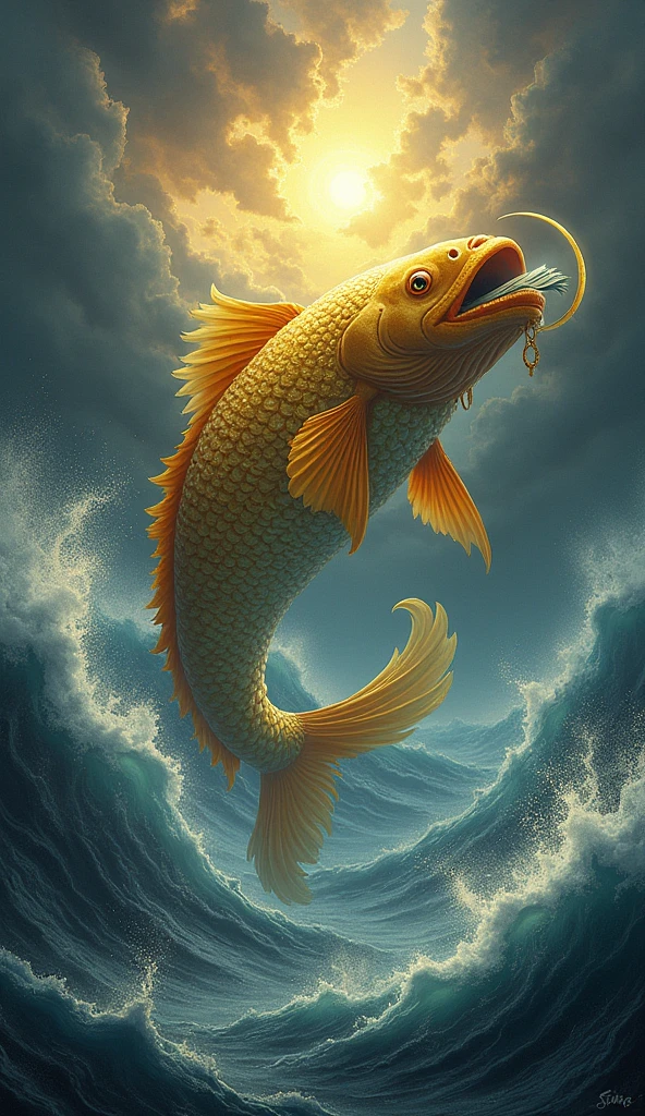 An image depicting Lord Vishnu as Matsya, a giant golden fish with a divine aura, swimming in a vast ocean during the pralaya (deluge). He is shown holding sacred scriptures (Vedas) in his mouth, protecting them from the floodwaters, with a stormy sky and turbulent waves in the background.