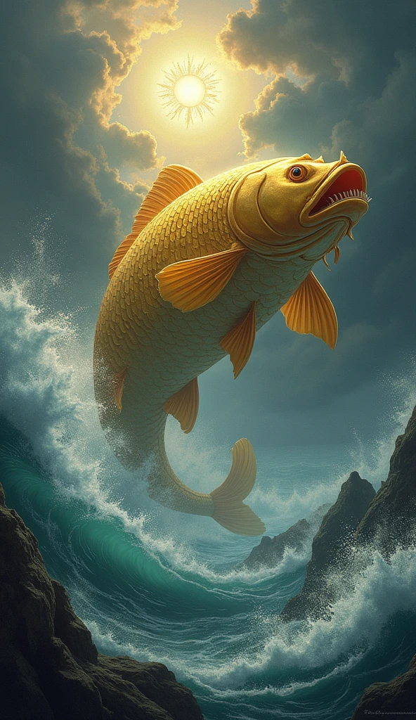 An image depicting Lord Vishnu as Matsya, a giant golden fish with a divine aura, swimming in a vast ocean during the pralaya (deluge). He is shown holding sacred scriptures (Vedas) in his mouth, protecting them from the floodwaters, with a stormy sky and turbulent waves in the background.