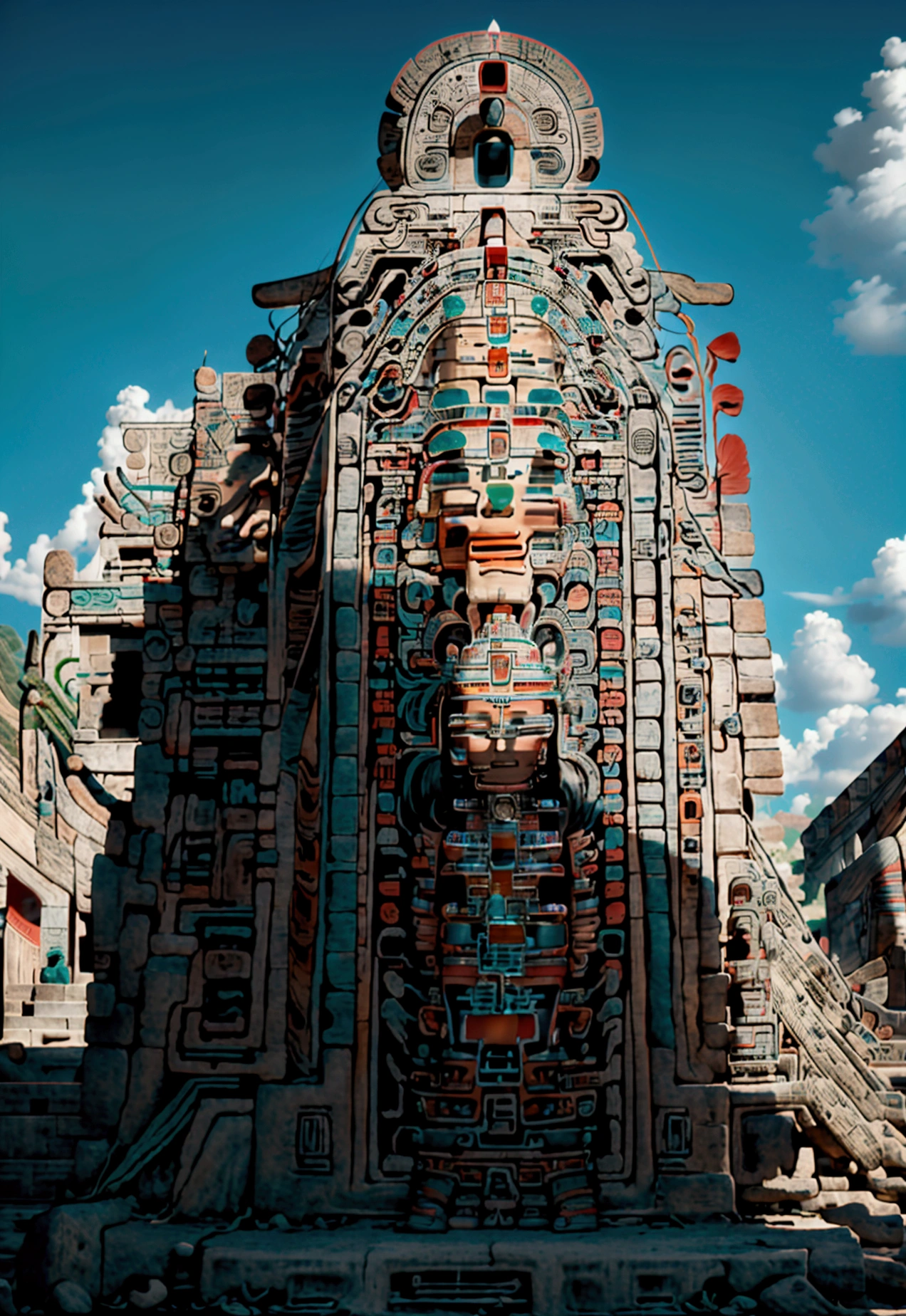 sexy and sensual woman dressed as an Aztec warrior (Mexico), Chichen Itza pyramid ruins, Aztec warrior clothing, Aztec feather plume, ancient, Chichen Itza temple with a sun and clouds, woman in full body view, style 3B.