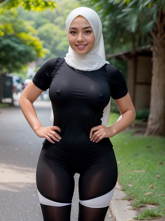 RAW, Best quality, high resolution, Masterpiece: 1.3), Beautiful Malay woman in adidas sportswear, 2 female, flawless face, cute face, pretty malay face, beautiful white teeth, Masterpiece, Perfect plump body, full body, oily body, ((beautiful big round breasts, hard nipples)), saggy breasts, short hair, ((wearing grey bawal style hijab, long and wide hijab, hijab covering shoulder)), covered in cum, soaked in semen,  beautiful big eyes, watery eyes, Soft smile,smiling, breezy, skin details, skin texture details, wide hips, thick thighs, sexy plump body, morning time, laughing, happy, bright sunshine, at jogging tracks, ((black and white outfit, wearing tight shirt, short sleeves, wearing long black handsocks)), ((wearing tight shorts, wearing long black stockings)), blurred background, bokeh, ((standing)), ((holding own breasts )), front view, ((wearing tight sports outfit))