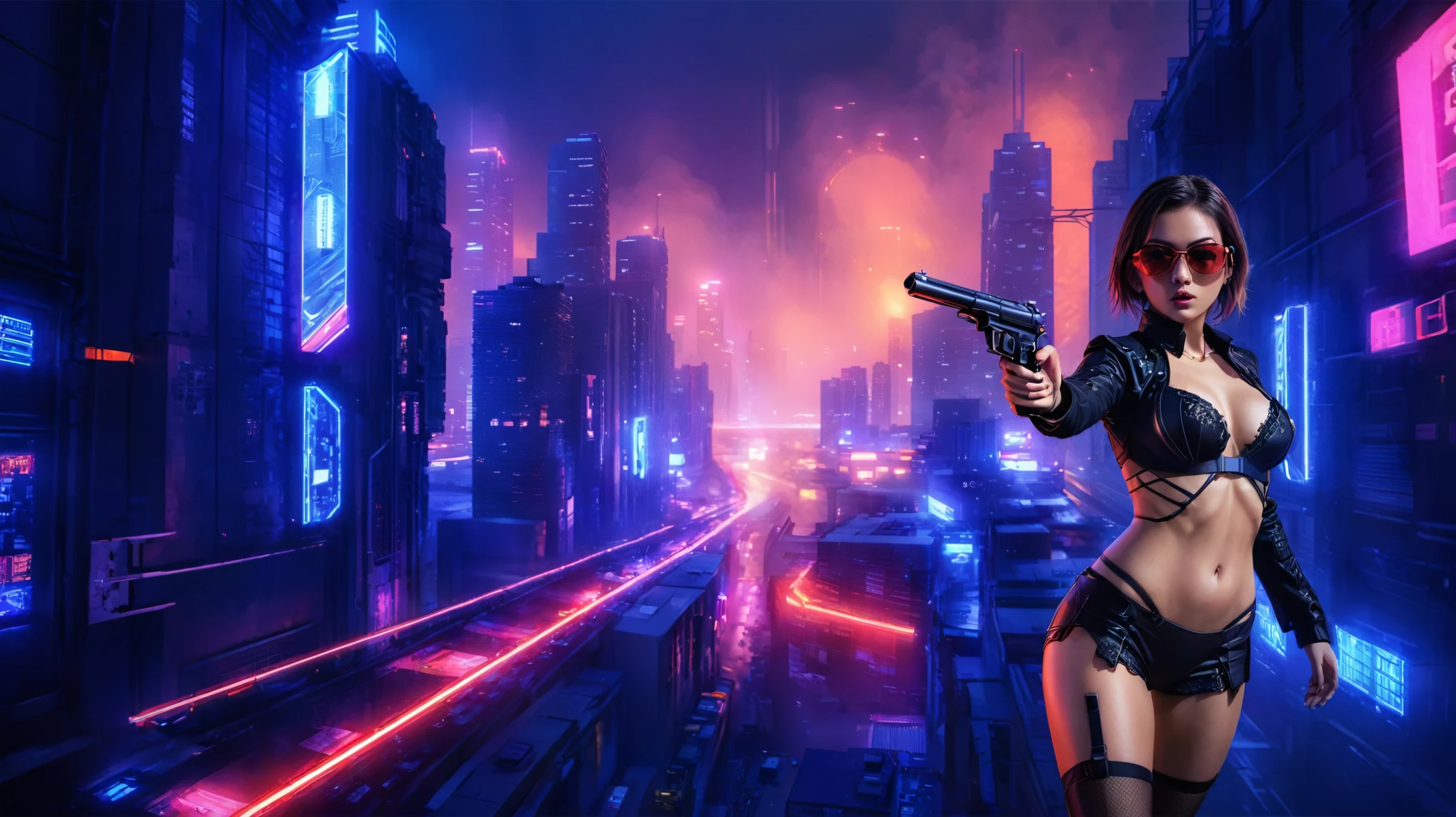 (High view). There's a cyborg woman (8k) wearing a futuristic leotard (best quality) standing in a cyberpunk city alley at night, darksynth aesthetic, red neons, haze, 1drone, foggy night, ultra detailed, photorealistic. At night, (1girl, solo, alone), photorealistic, medium-breast slim:0.6 body, oval:0.5 face, cleavage:1.1, sexy black laced bra, miniskirt, white laced panty, coat, (black micro sunglasses), (holding a short gun), (slightly leaning forward running pose), ((half-body thigh level medium shot)), cinematic lighting, ray tracing, motion blurred background.