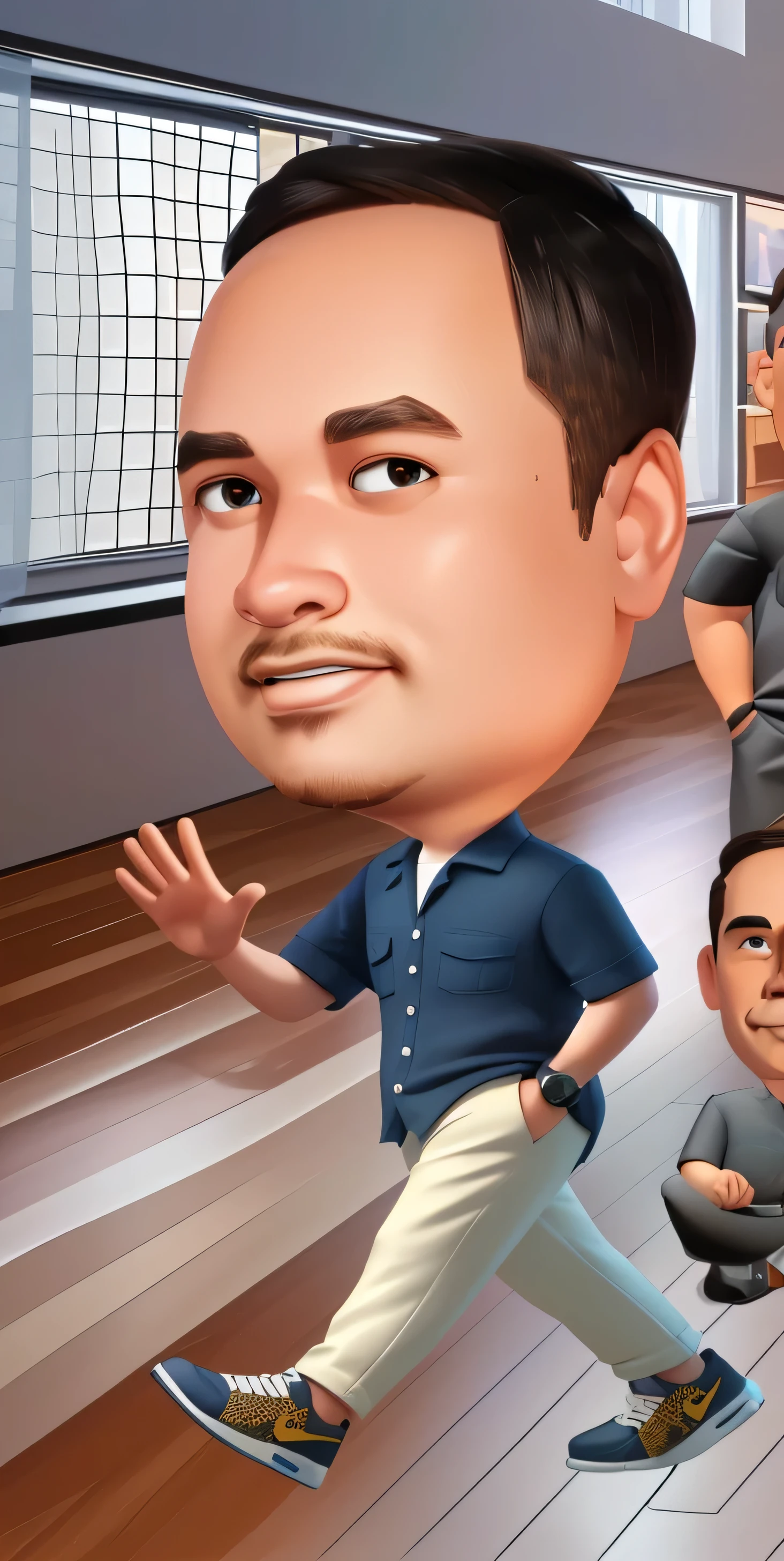 3D cartoon caricature, big head, a man is walking, wearing a dark blue shirt and bright cream pants, waving his hand, 3D render, 3D Cartoon, big head, cartoonish look, high resolution, super detail, soft lighting