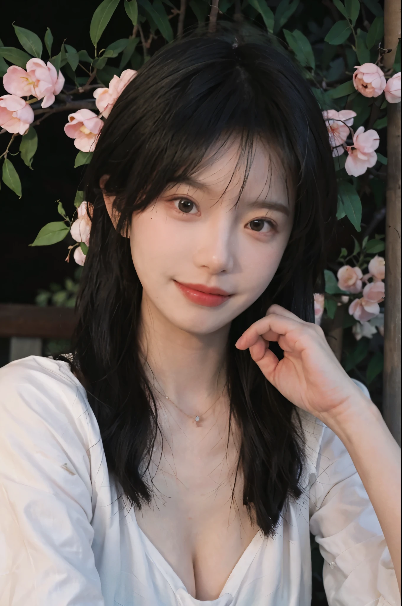 best qualtiy， Ultra-high resolution， （realisticlying：1.4），cute hairpin，Baoyu Girl，European style apartment，（flatchest：1.2） ，A pair of clear and moving peach blossom eyes,Royal Sister，sunshine on face，Big waves，（ln the forest：1.4），（choker necklace：1.2），（Fair skin：1.4），a sense of atmosphere，a beauty girl， ssmile，head straight-looking at viewer， closeup cleavage ，(Photorealistic:1.4),1girll,sexly,(Upper body:1.4),(Wet body),(:1.2)