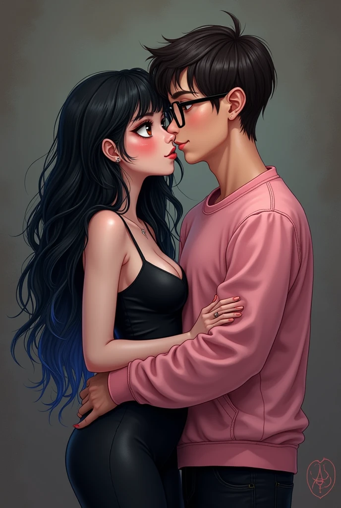 Couple of boyfriends, she is gothic with a curvy body, big cheeks, big butt, black hair with blue and big brown eyes, clear skin, He has straight hair combed up and small rectangular glasses and a wide nose and a pink sweatshirt and black pants.