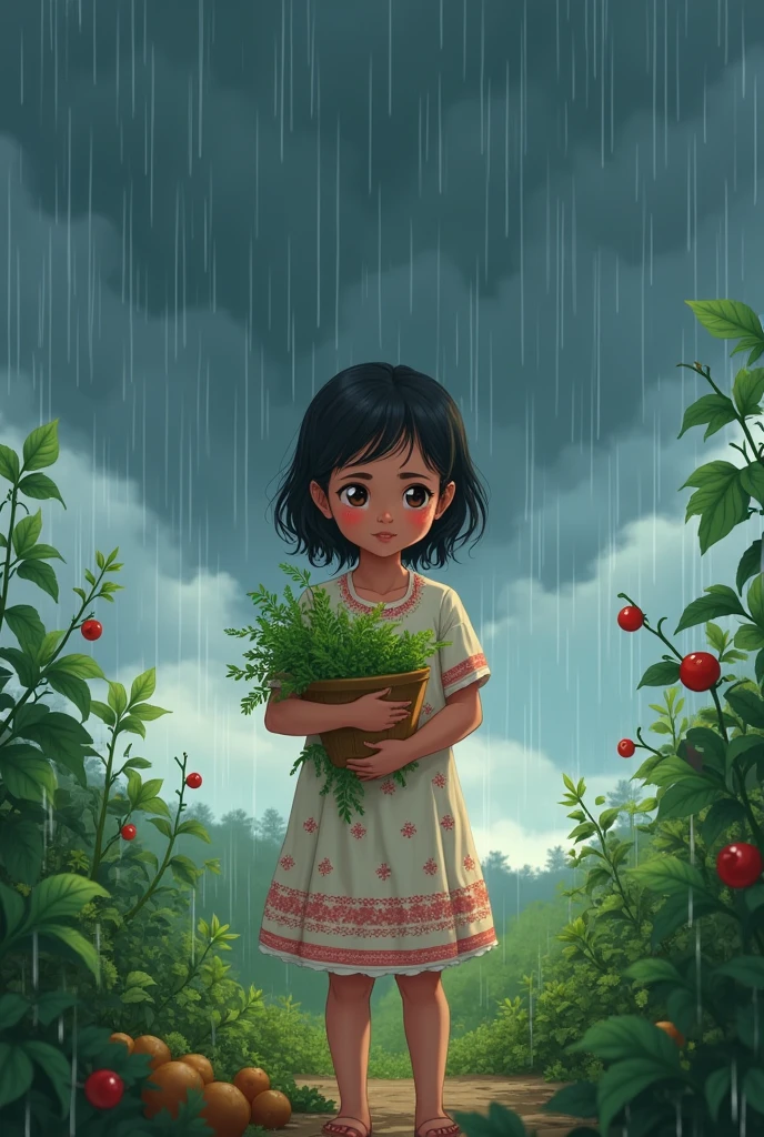 On the day of the dance, Meena  girl dressed in a frock is collecting fresh mint, coriander, and green chilies from her family’s garden in a cloudy day. As she prepared, dark clouds filled the sky, and the rain started to fall. 
Anime illustration 