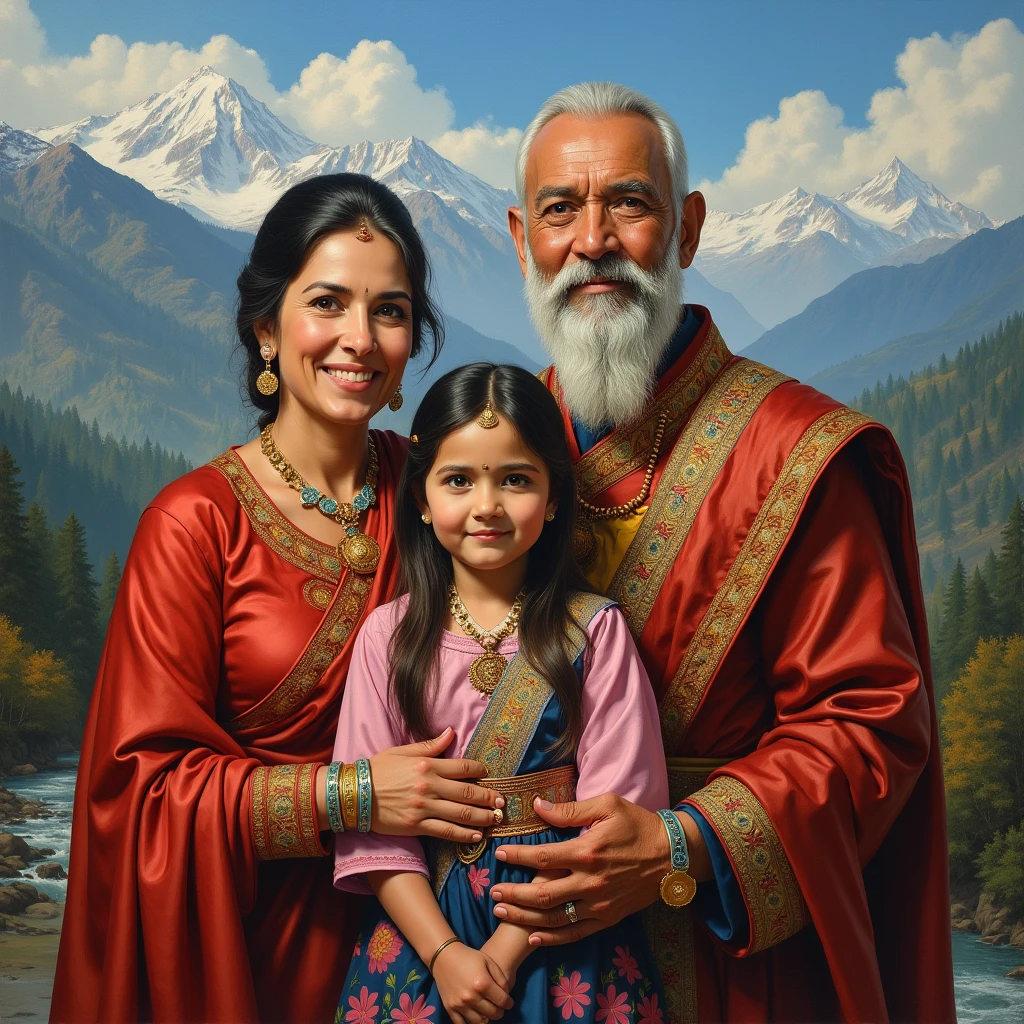 The king of Nepal who has a wife and a beautiful young daughter , the king and her younger daughter, backside the Nepal and many elements