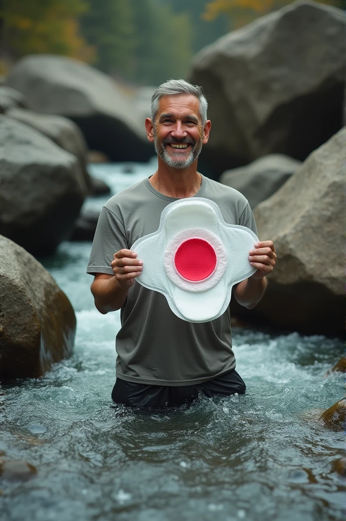 A man stands in a rocky river, The man's hand is holding a women's sanitary napkin with a red color in the middle, the man smiled sweetly, facing the camera