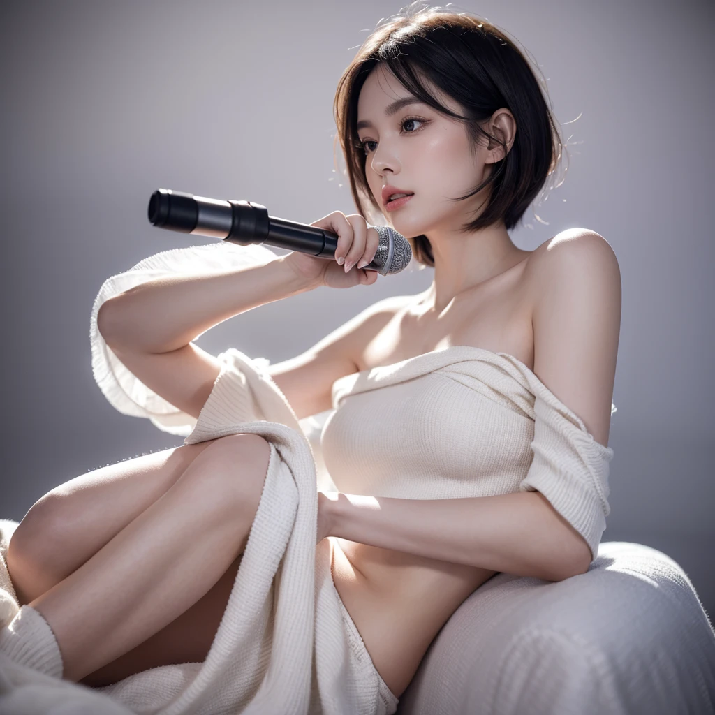 (masterpiece:1.3), high resolution, ultra detailed, extremely detailed CG unity 8k wallpaper, realistic, photo-realistic, RAW photo, beautiful detailed face, pale skin, realistic glistening skin, detailed cloth texture, detailed hair texture, Perfect body, Beautiful Face, accurate, Anatomically correct, Highly detailed face and skin texture, natural neck length, (beautiful hands), (fair skin:1.1), (well-aligned teeth:1.1), (Sweaty skin:1.2),
BREAK,
Detailed eyes, symmetric eyes, Light Brown eyes, Double eyelids, Thin eyebrows, (Glossy lips:1.4), ((A face with waiting for a kiss:1.2)), (blush:1.1), (A sparkling small hair accessory:1.1), (beautiful smile:1.1), (having microphone:1.3),
BREAK,
(A classy and Cute idol:1.3), (nude, nsfw, nipple:1.4),
BREAK,
medium large breasts, slender figure, firm abs,
((ponytail, black hair, bangs:1.2)), (cowboy shot:1.2), (looking at viewer), cowboy shot, From above,
BREAK,
(singing on stage:1.3),
