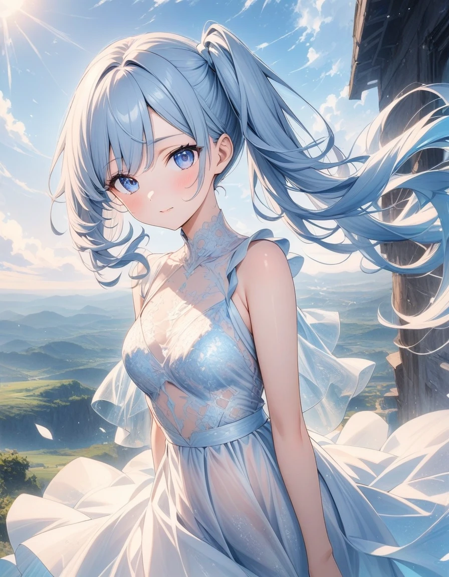 ((style:Colored pencil,pale colour)),(anime)、(masterpiece:1.2),Atmospheric perspective,Lens flare、(Empty Country)、(Princess)、Otherworldly fantasy、cute、Hair blowing in the wind、((A translucent lace dress that evokes the image of wind))、Clear blue sky、Light pours in from above、Very mysterious、Light effects、Sky blue and white gradient hair color、Side Ponytail、blue eyes、((A work that visualizes the wind))、Look up at the sky、close