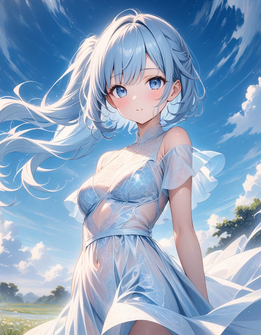 ((style:Colored pencil,pale colour)),(anime)、(masterpiece:1.2),Atmospheric perspective,Lens flare、(Empty Country)、(Princess)、Otherworldly fantasy、cute、Hair blowing in the wind、((A translucent lace dress that evokes the image of wind))、Clear blue sky、Light pours in from above、Very mysterious、Light effects、Sky blue and white gradient hair color、Side Ponytail、blue eyes、((A work that visualizes the wind))、Look up at the sky、close