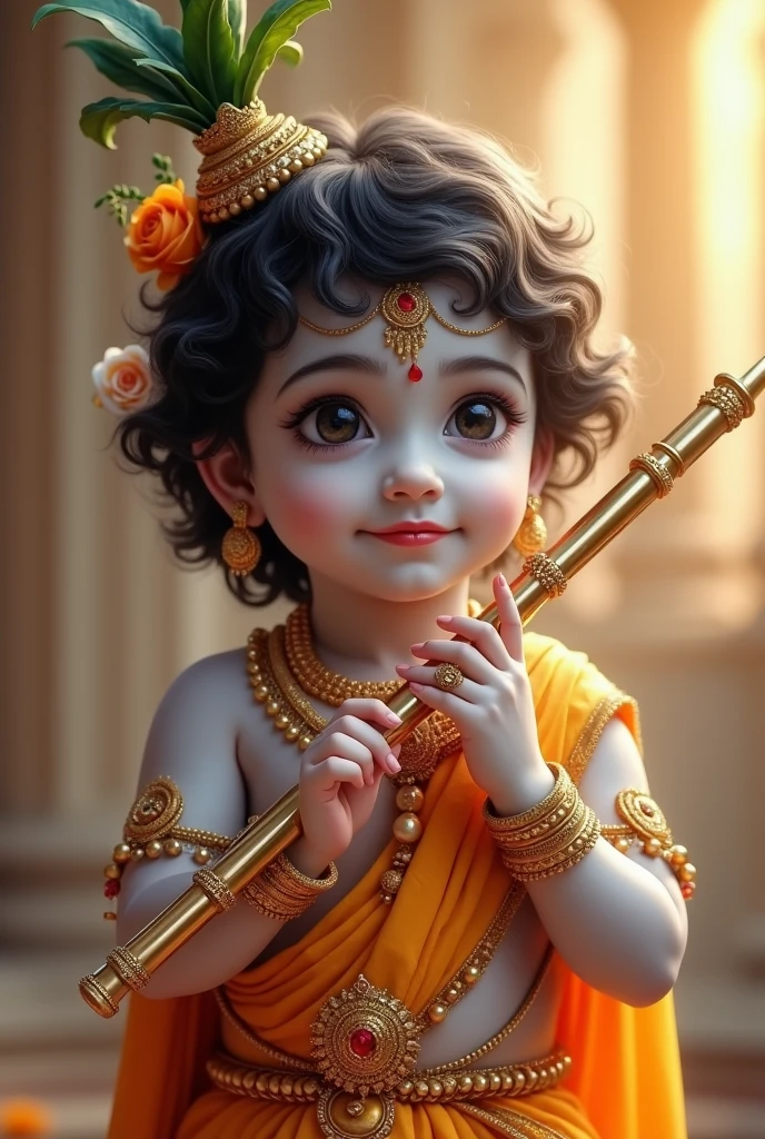 Create a highly detailed and clear image of Krishna as shown in the serial Radha Krishna, but in a child form with white human skin color. Ensure the image is sharp and free of blur. Depict Krishna with his distinctive features from the serial, including his attire, hairstyle, and expressions, but with a youthful and innocent appearance. Add a subtle, gentle smile on his face. He should be adorned with gold jewelry and ornaments suitable for a child. He should be holding a flute, and the background should reflect the celestial setting of the serial. Emphasize clarity and detail to capture the divine essence of Krishna in his child form with white skin and a warm smile.