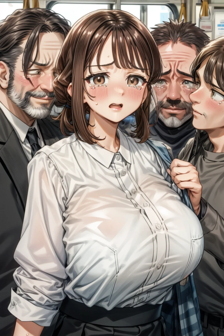 （（super high quality,））（（Ultra-high resolution,））（16K,）（super masterpiece,）（（Ultra HD ,））（Detailed shading,）One sexy mother,One muscular man,A man hugs her from behind,（（popped Tight collar White shirts,））Folded sleeves,Unbutton the third button,（The lower half is naked,）Put your hands on your head,Spread your legs,（（Eyes facing the camera,））Glasses,blush,Ahegao,necklace,wedding ring,Sweaty,semen,