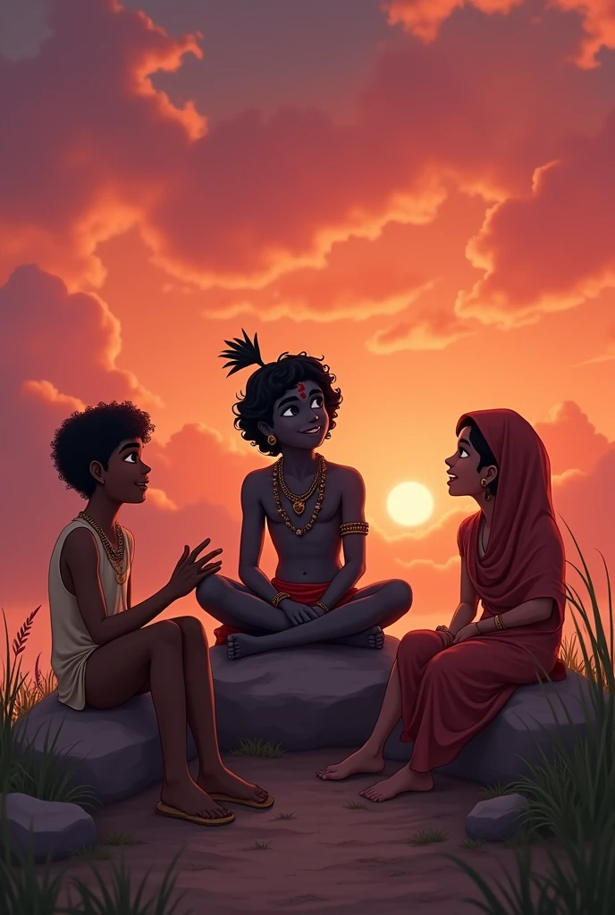 Lord krishna as charming young with full pure Black tone sitting on rock casually as common man with hus friends with chitchats in a red sky evening with laughing with out any ornaments