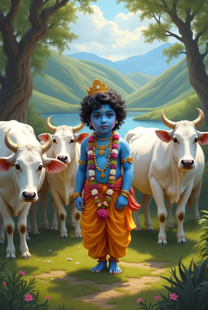 A indian god little Krishna, skin blue with white cows