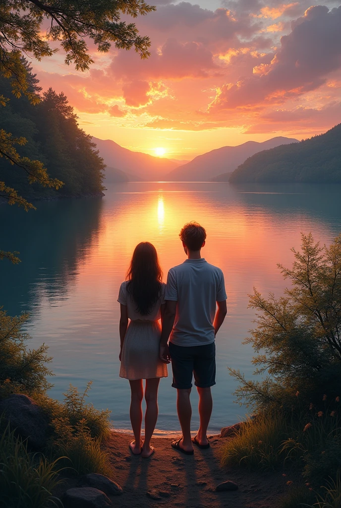  a couple on the edge of a lake watching a sunset Like an oil painting.