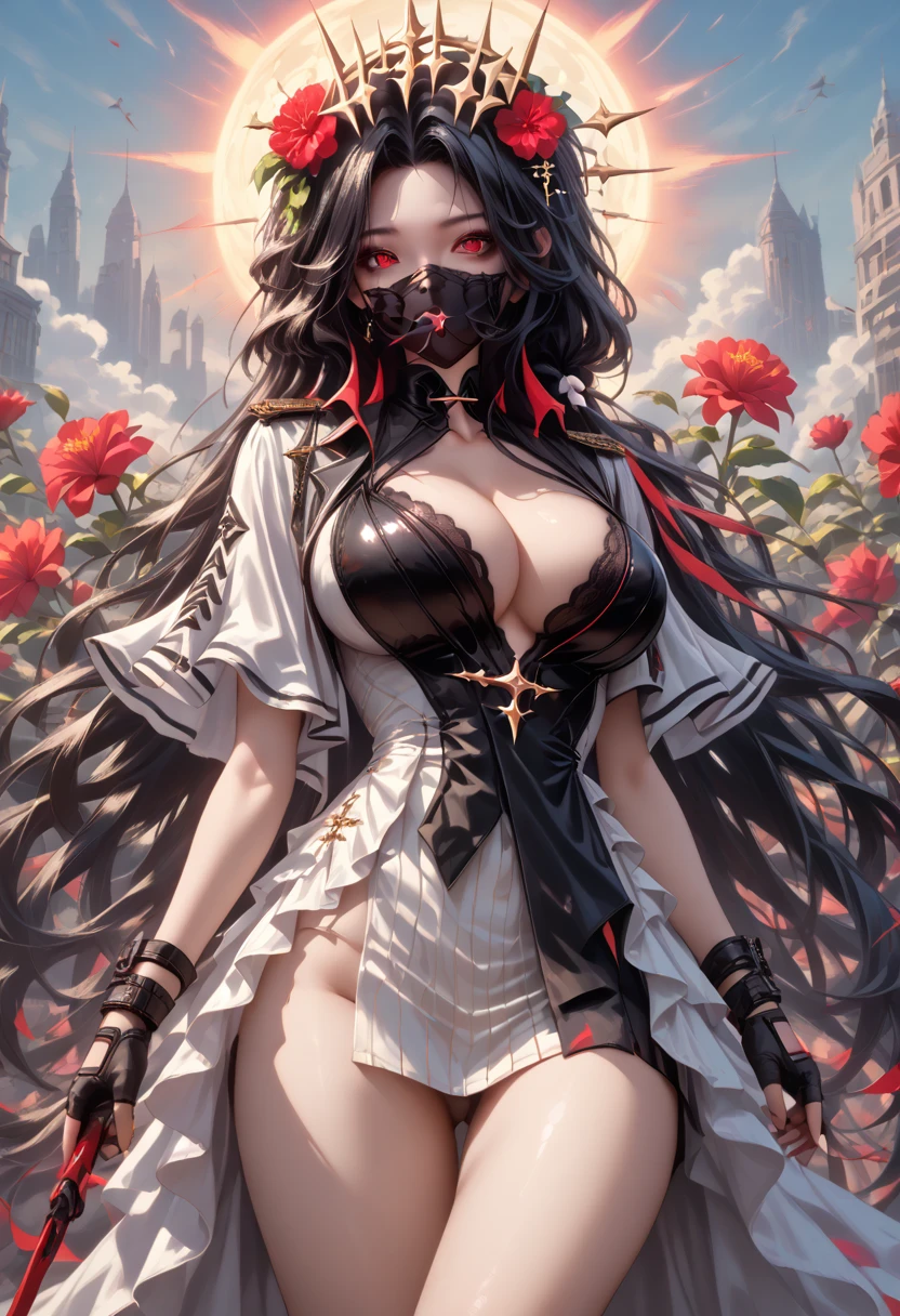 maiden (nikke), 1girl, black hair, highres, red eyes, large breasts, looking at viewer, cleavage, very long hair, absurdres, long hair, maiden (under the sun) (nikke), eyewear on head, parted bangs, mouth mask,

hair flower, fingerless gloves, thighs,score_9, score_8_up,score_7_up, masterpiece, best quality, perfect anatomy, very aesthetic, 8k