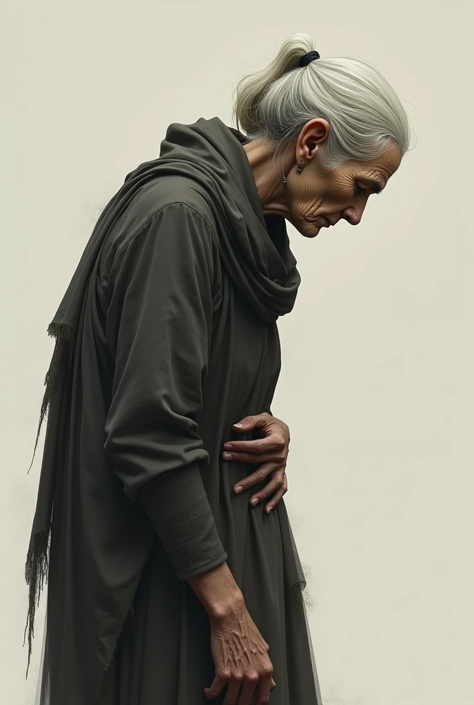 Draw a sad old woman looking to the right with her back bent at 90 degrees.