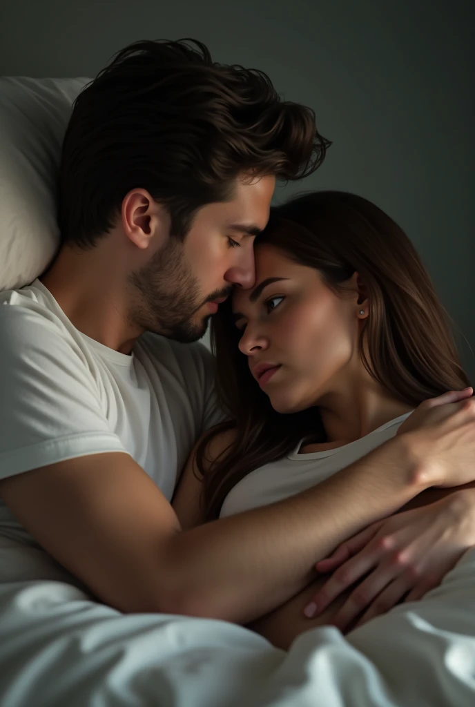 The woman turns to the side、The woman has her back to the man,A man is hugging from behind,In bed,The woman has long hair,The woman is wearing a T-shirt,men are20Old Japanese,men areTシャツを着ている,2人ともIn bedで横になっている,Beautiful eyes,Fine skin,The woman has her eyes down,The two of them don't meet,Highest quality