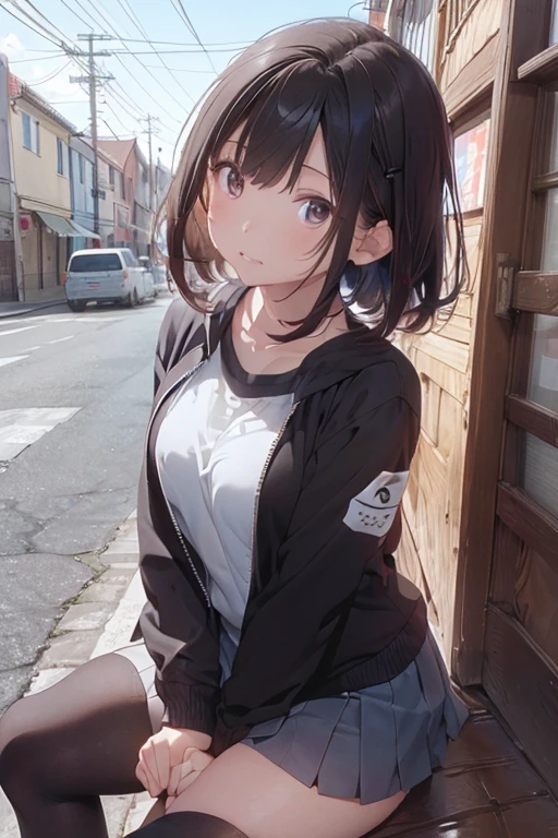 ((Highest quality)), ((masterpiece)), (detailed),Perfect Anatomy,Natural Light,In the city where buildings stand side by side,Night Scenery,A very cute, baby-faced, black-haired woman,((Highest quality, 8k, masterpiece: 1.3, )),A woman with very small breasts,Well-proportioned, slim body,Long, slender legs,Long, thin hands, detailedな顔, detailedな肌, fine grain, detailedな唇, detailedな舌, detailedな指, Mouth detailed, Beautiful teeth alignment,Realistic, High resolution, Natural light, Dynamic pose,Toned Legs, double eyelid, Tear bags, Round eyes, Moist eyes,Moisturized lips,Long, flowing blonde hair, (((Black leather collar,Wearing a black leather jacket,A black leather jumper that reveals the chest,Wearing a very short black leather miniskirt,White panties look good,Black leather belt at waist))),((spread your legs wide 1.9,Open your legs in an M shape..5,Woman sitting with knees up 1.4,A pose that emphasizes panties,I want to see more panties)),Poses that emphasize the uterus,A pose that gives a good view of the anus and pussy,