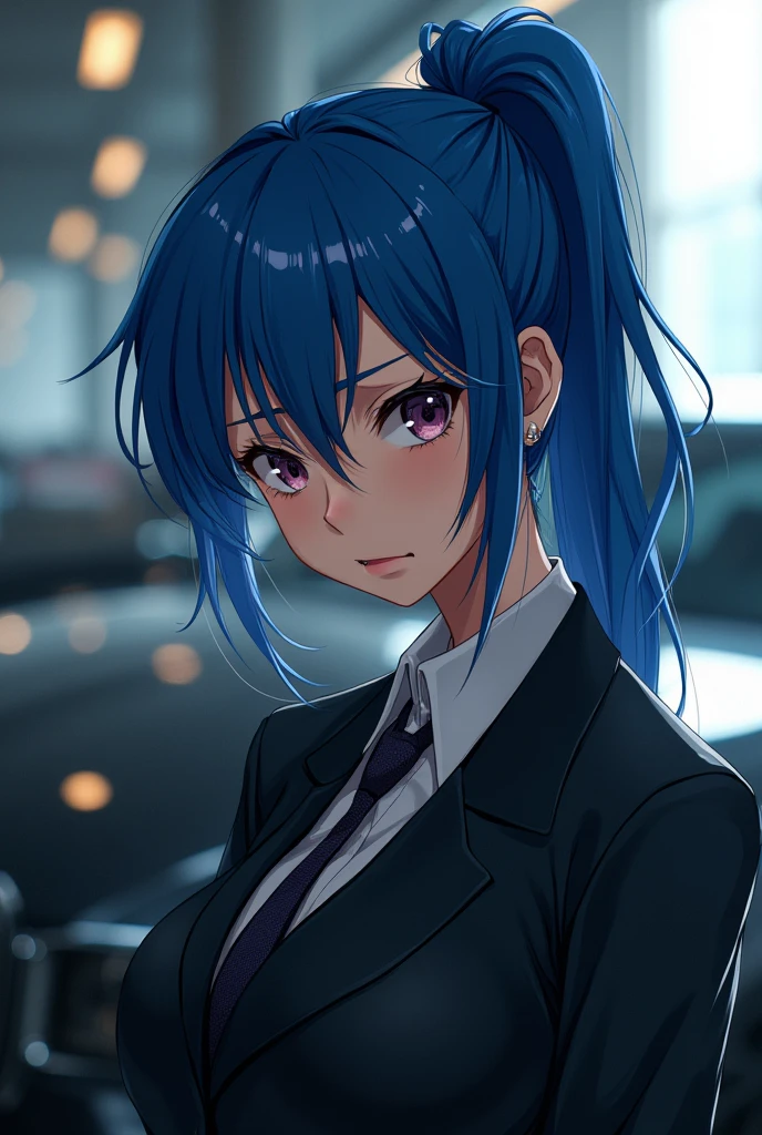 1 anime girl with blue hair and ponytail. In a nice suit, driving a black car, with sharp, angry, and sad features. Photographing the car from the outside.