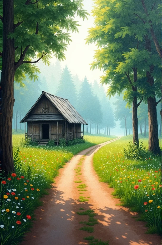 An oil color painting of an Indonesian village with a dirt road leading to the horizon. Include a traditional wooden house with a zinc roof, green grass, and wildflowers on both sides of the road. Tall trees with green leaves, a slightly misty atmosphere conveying a calm and moist morning with soft natural lighting. Vibrant, bright, and lively colors. 8K, UHD HDR, detailed.