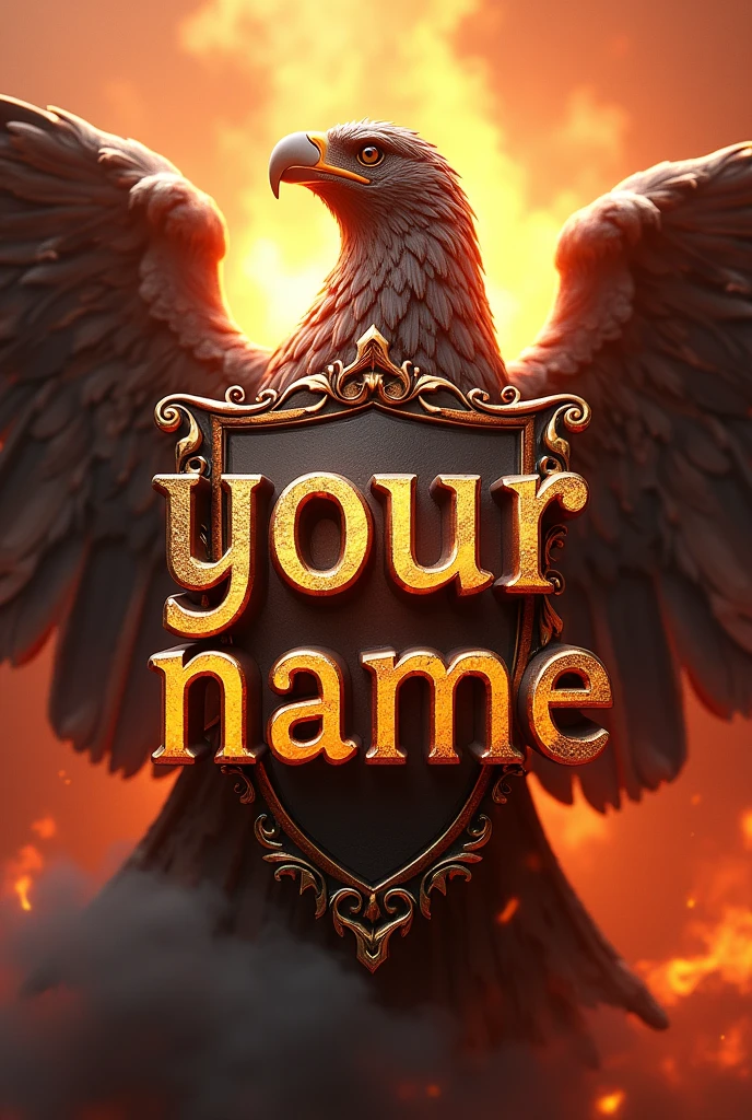 a 3D text saying "your name" written in the middle of a big eagle head ornament with a gold shield and shiny red solid color, very fiery smoke and sparks backround, realistic, unreal engine 5, zoom in, close