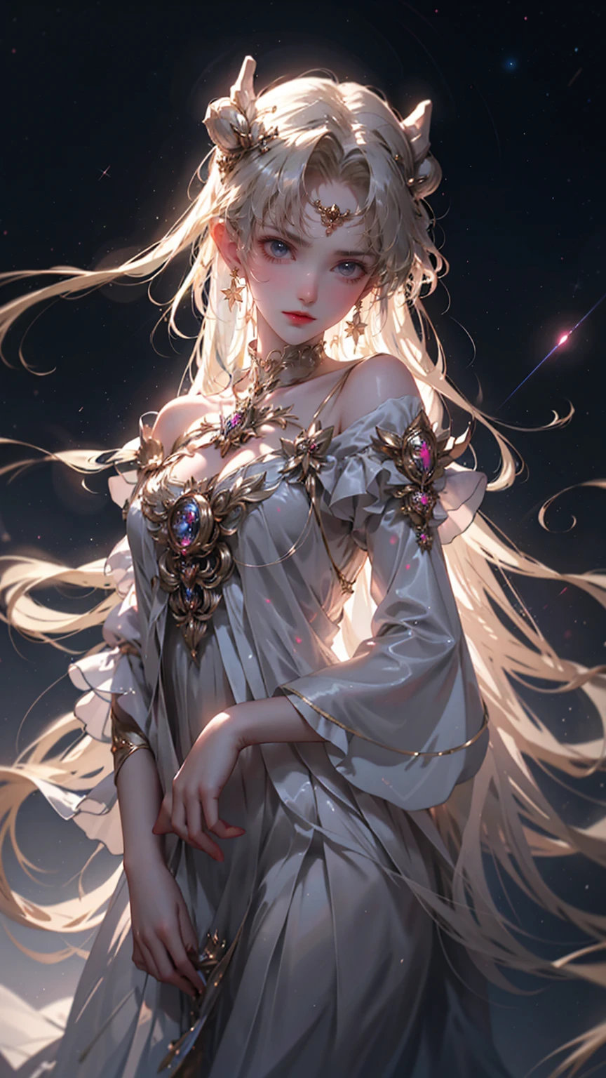 laser,beautiful girl,(best quality,4K,8K,high resolution,masterpiece:1.2),Extremely detailed,(Practical,photoPractical,photo-Practical:1.37),HDR,Ultra HD,Studio Lighting,Super Fine,Clear focus,physically-based rendering,Extremely detailed的描述,professional,Bright colors,Bokeh,portrait,Night Sky,moon,Ribbon,vitality,Dark silhouette,Flowing long hair,Feminization,Calm expression,Starry sky,breeze,Twinkling stars,Peaceful atmosphere,Soft light,Subtle highlights,silky texture,Wisps of clouds,Mysterious atmosphere,Ethereal Beauty,calmness,Like a dream,tranquility at night,Magnificent scene,The air feels charged with magic,Celestial magic,Intimate moments,Meditation,Elegant Posture,Sense of surprise,moonlit landscape,tranquility in darkness,sentimental,Romantic,moon's reflection,cal,