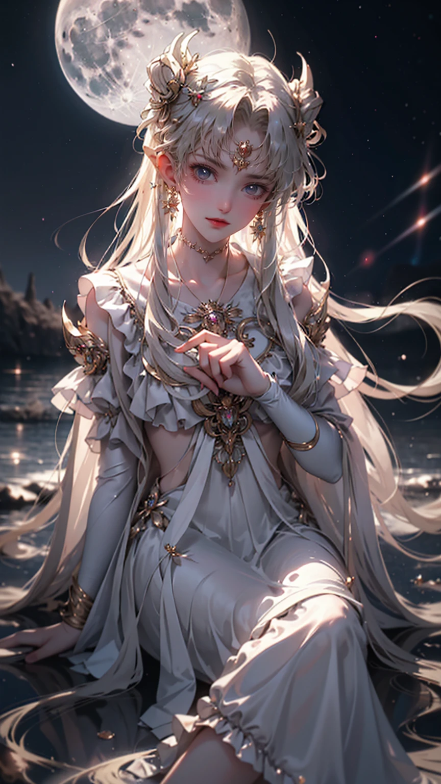 laser,beautiful girl,(best quality,4K,8K,high resolution,masterpiece:1.2),Extremely detailed,(Practical,photoPractical,photo-Practical:1.37),HDR,Ultra HD,Studio Lighting,Super Fine,Clear focus,physically-based rendering,Extremely detailed的描述,professional,Bright colors,Bokeh,portrait,Night Sky,moon,Ribbon,vitality,Dark silhouette,Flowing long hair,Feminization,Calm expression,Starry sky,breeze,Twinkling stars,Peaceful atmosphere,Soft light,Subtle highlights,silky texture,Wisps of clouds,Mysterious atmosphere,Ethereal Beauty,calmness,Like a dream,tranquility at night,Magnificent scene,The air feels charged with magic,Celestial magic,Intimate moments,Meditation,Elegant Posture,Sense of surprise,moonlit landscape,tranquility in darkness,sentimental,Romantic,moon's reflection,cal,
