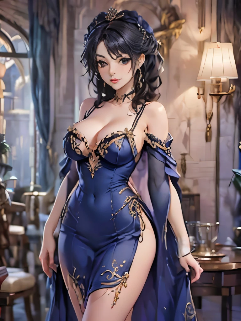 a woman in a blue and black dress, robe. extremely high details, long flowing intricate dress, fantasy long intricate gown, fantasy dress, intricate dress, intricate fantasy dress, robes! intricate, sexy gown, gown, blue and black, ornate gown, beautiful gown, intricate gown, extravagant dress, beautiful detailed elegant, intricate fantasy robes