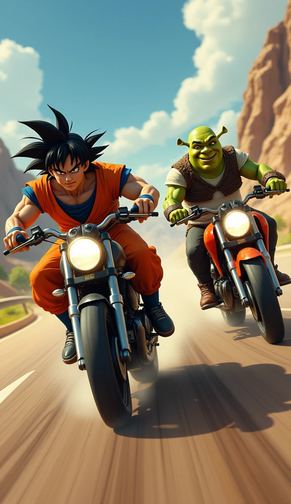 Son Goku and Shrek race together on sportbikes with fiery enthusiasm. Goku, with breathtaking speed and a focused gaze, pushes against the wind and his own limits. Meanwhile, Shrek, driven by unwavering courage and genuine excitement, speeds ahead with his unique flair. As they compete, their energy and distinct personalities shine through, creating a blend of adrenaline and camaraderie. Every turn reflects a memorable journey, filled with both competition and a deep sense of connection.