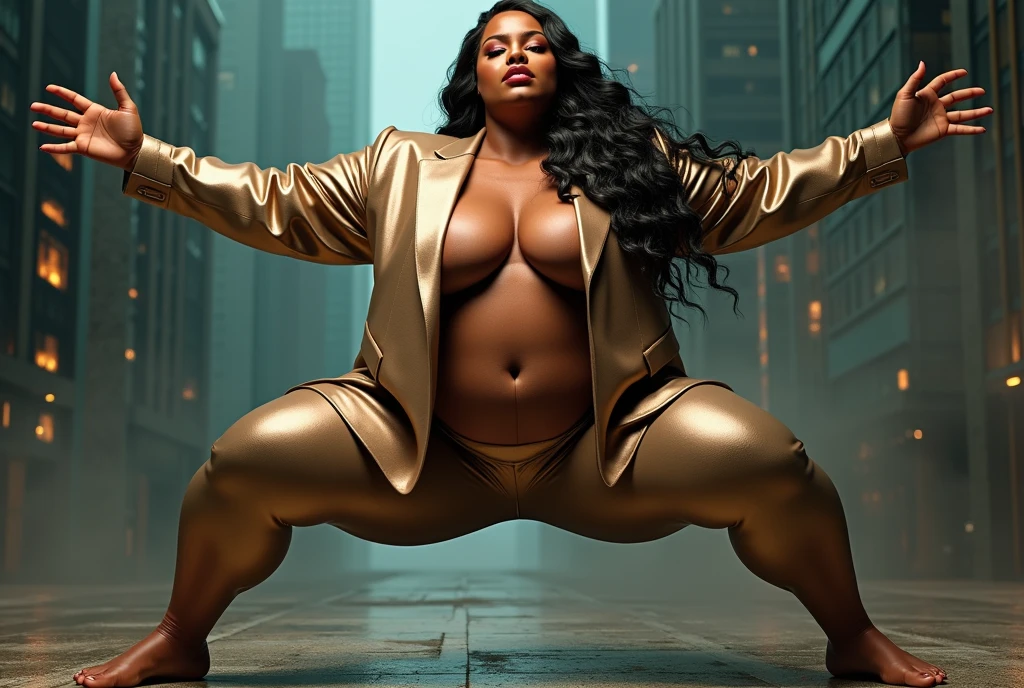 business suit,A body that looks like its clothes will burst with huge muscles,Create a high-resolution realist 3d image of a dark skin toned melanin elegant fat woman with a findom dominant and commanding persona and Prescence wearing luxurious attire, such as a tailored suits or designer dress, and posed in a confident stance. full body tall and plus size curvey body 5'9 265 lbs This mage should exude power, control, and sophistication, with a hint of mystery. the back ground is skyscraper