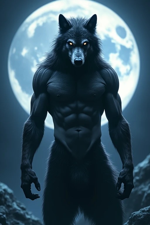 Male werewolf, Upper body naked , Black body, White belly , White Face , Erect crotch  ,  Gentle eyes , Bright light , Moonlit Night , whole body 