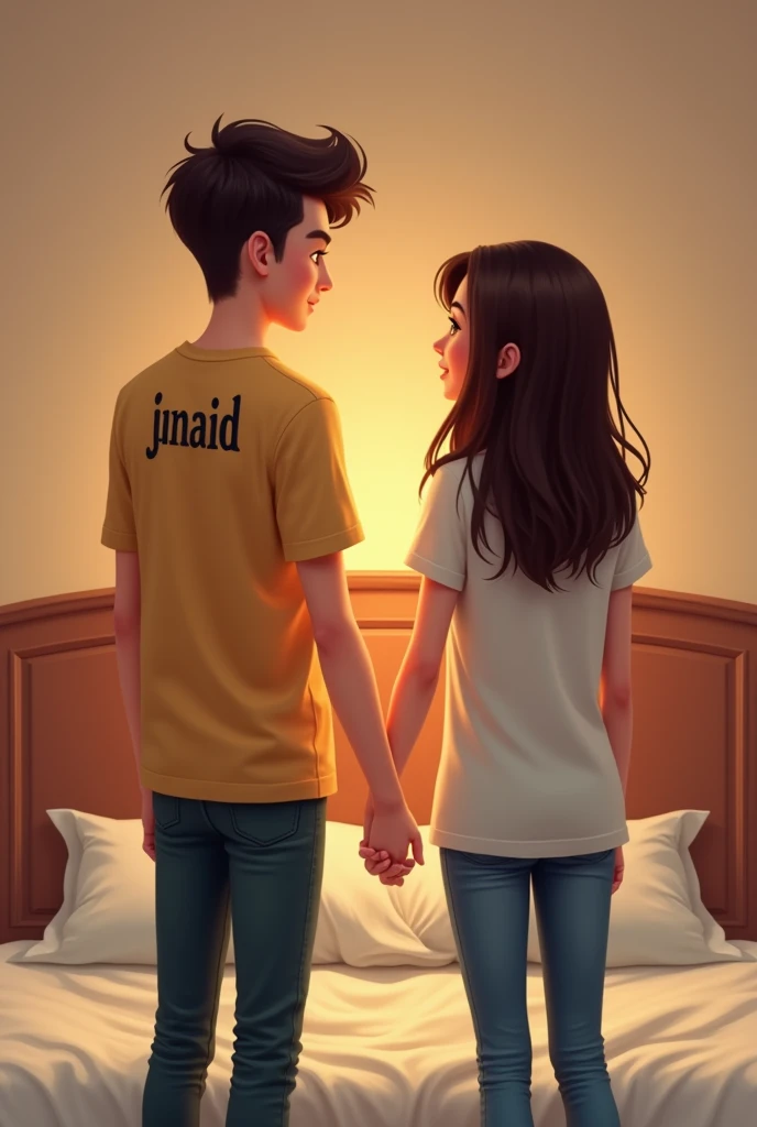 Make a 1 man or 1 girl together and man hold the hand of girl together write the name on the man shirt (junaid),write a name on girl shirt (minahil) and photo on bed and front view