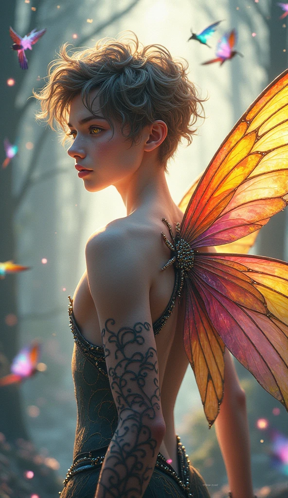 (((Master Parts))), (((Highest quality))), ((Ultra-detailed)),(Highly detailed CG illustrations), ((Very delicate and beautiful)),Yellow Eyes, Cinematic Light, Amazing fantasy art. Mythical fantasy and fairy tale fantasy, Great rainbow accents. ((Use pastels as your main color scheme.)) Delicate character, But strong，Aura of mystery and magic, (Beautiful translucent rainbow feathers).  Complex facial features, Bright colors and bold shadows for captivating eyes. The character&#39;s clothes must be designed with spider wings, that, Amazing embroidery, And subtle iridescent details.  Dreamy colors, Dynamic Lighting, and detailed background elements，Shoots a magic ring、Colorful flying magical birds and jewel-like iridescent butterflies. Consider the latest trends in fantasy art, How to create unique lighting effects, Explore dynamic and engaging composition techniques. full body of a fairy、From head to toe、male、美しいmale