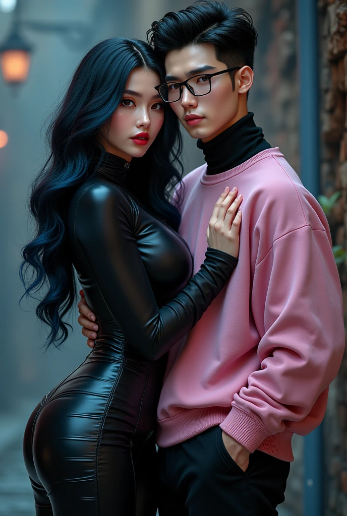 Couple, She is gothic with a curvy body, big cheeks, big butt, black hair with blue and big brown eyes, clear skin, He has straight hair combed upwards and small rectangular glasses and a wide nose and a pink sweatshirt and black pants.
