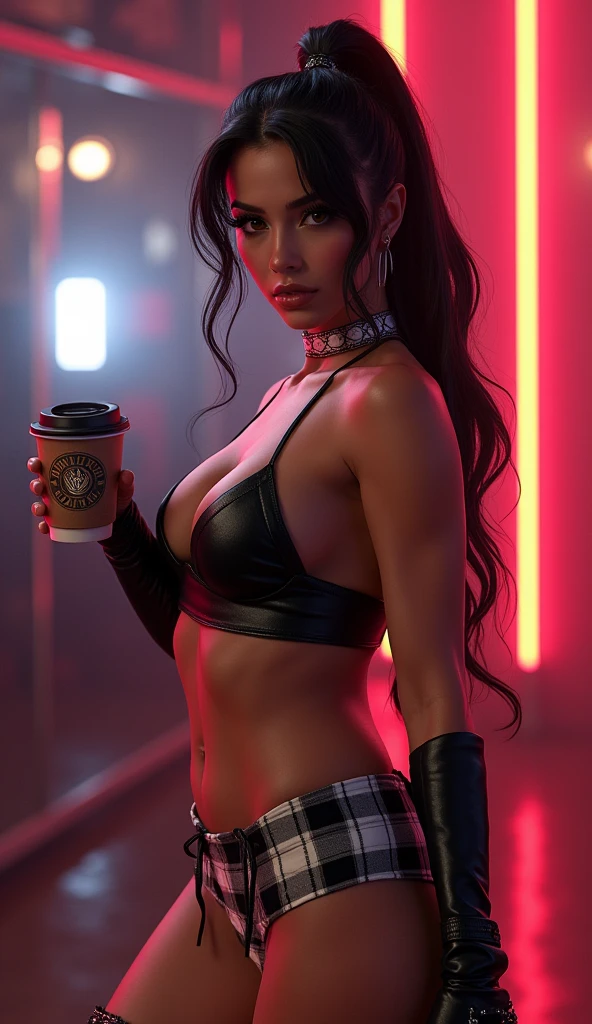 1 female wrestler, beautiful detailed eyes, beautiful detailed lips, extremely detailed face, long eyelashes, jet-black hair, ponytail, black leather bikini top, plaid latex white and black plaid skirt, leather knee high boots, holding a coffee cup, thicc frame, Latina, photo-realistic, (best quality,4k,8k,highres,masterpiece:1.2),ultra-detailed,(realistic,photorealistic,photo-realistic:1.37), vibrant colors, dramatic lighting, ((full body portrait)), ((thicc body:1.5)), ((thick thighs)),