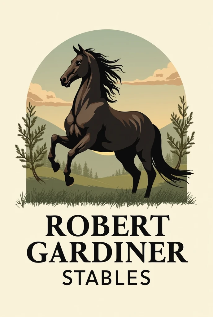1. Concept Development:

Imagery: Think of incorporating a horse, such as a stylized horse head, a full-body horse, or a horse silhouette. You might also include related elements like a saddle or bridle.
Typography: Choose a classic and elegant font that complements the equine theme. Consider fonts with a graceful or timeless feel.
Design Elements:

Color Scheme: Use natural colors like brown, green, gold, or blue.
Layout: Position the name "Robert Gardiner Stables" prominently. You might place it around, below, or beside the horse imagery