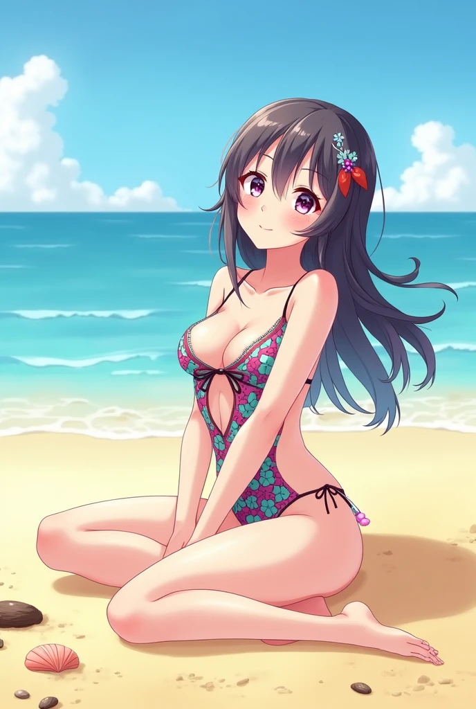 An anime character in a swimsuit is sitting on the beach floor with her legs apart 