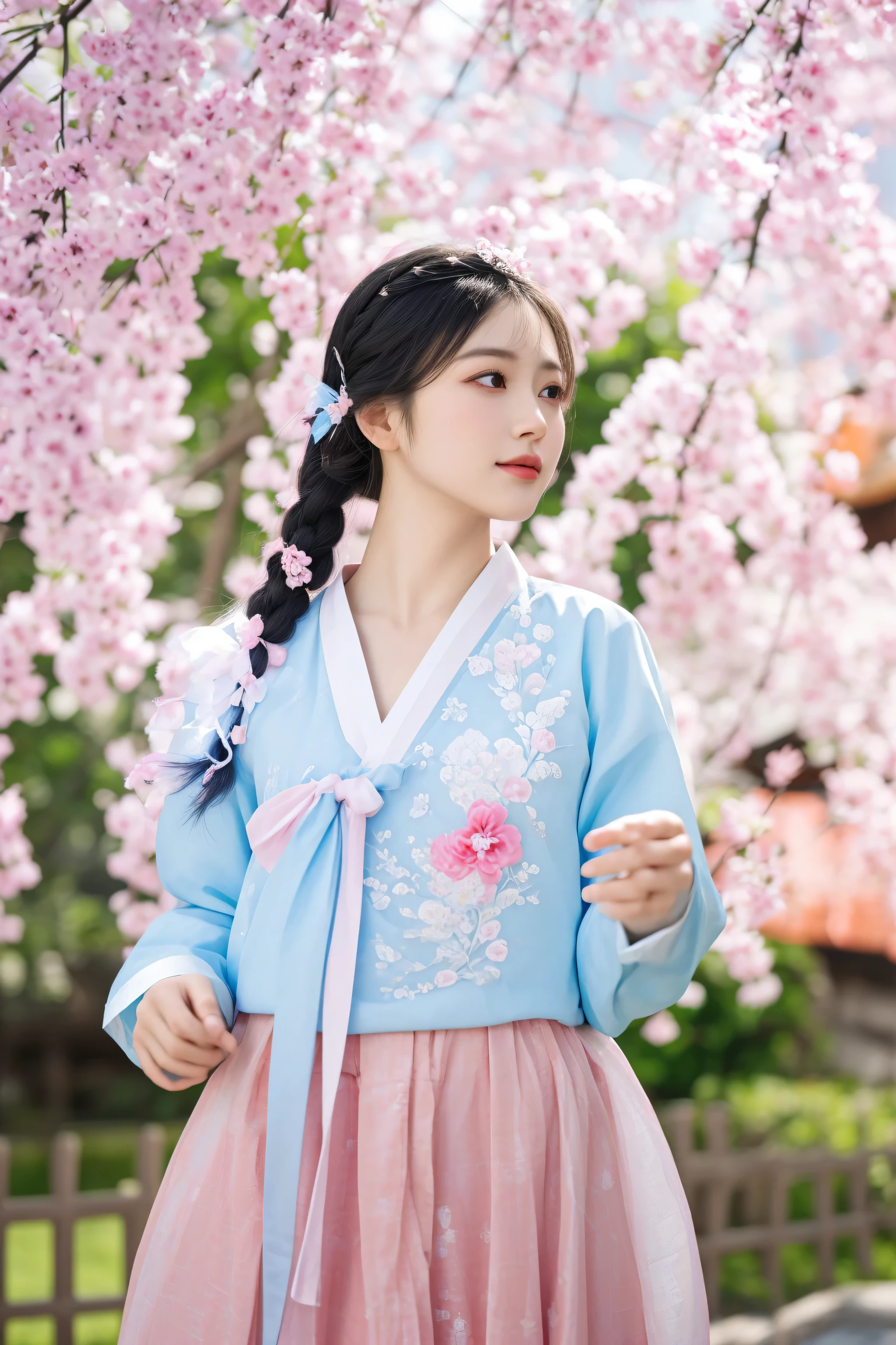 arafed woman in a blue and pink hanbok with a pink skirt, palace , a girl in hanfu, hanfu, traditional chinese clothing, chinese costume, white hanfu, hanbok, with acient chinese clothes, korean hanbok, wearing ancient chinese clothes, japanese clothes, 中 元 节, chinese dress, chinese girl, beautiful image