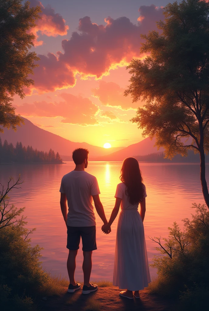 a couple on the edge of a lake watching a sunset Like a painting of a picture.