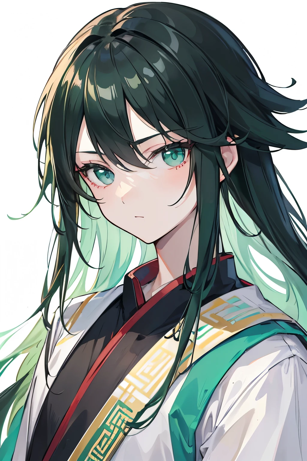 (Best quality, masterpiece), 1 boy, (simple white background: 1.2), black and green hair, ancient Chinese handsome, upper body, ID photo, close-up, long hair,