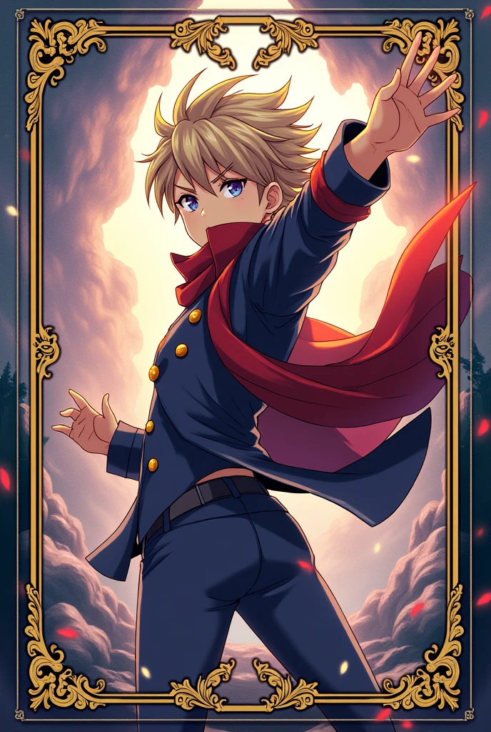 Create a high-quality anime trading card layout where the image area occupies approximately 70% of the total height of the card. The central portion should feature a detailed and vibrant illustration of an anime character in a dynamic pose. The remaining 30% of the height should be reserved for additional information. Ensure that the design elements, including borders and background, are modern and stylish, enhancing the visual impact of the card while maintaining a clear separation for the information area.