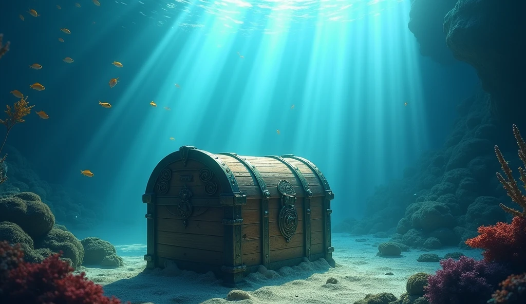 wooden treasure chest submerged underwater with light rays