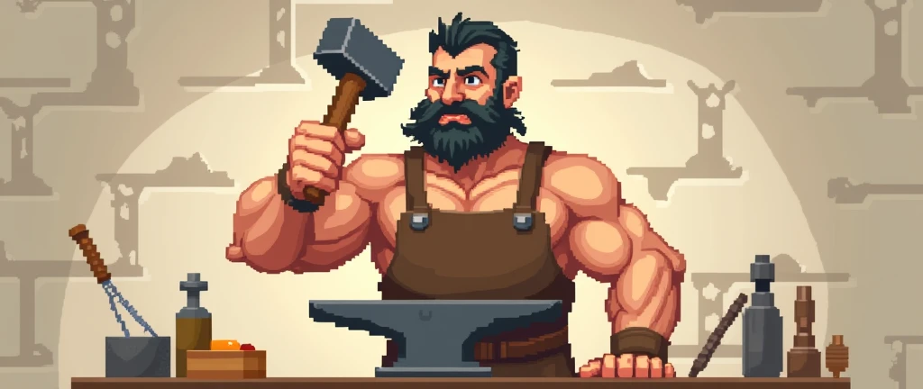A pixel art style medium shot of a blacksmith with a beard holding a worn hammer above a simple anvil. The blacksmith's skin is textured, and his veins are visible, especially on the hand holding the hammer. He is wearing a brown leather apron. The background is minimalist, featuring stone walls and a few tools. The lighting is warm and soft, casting a glow on the blacksmith's face.