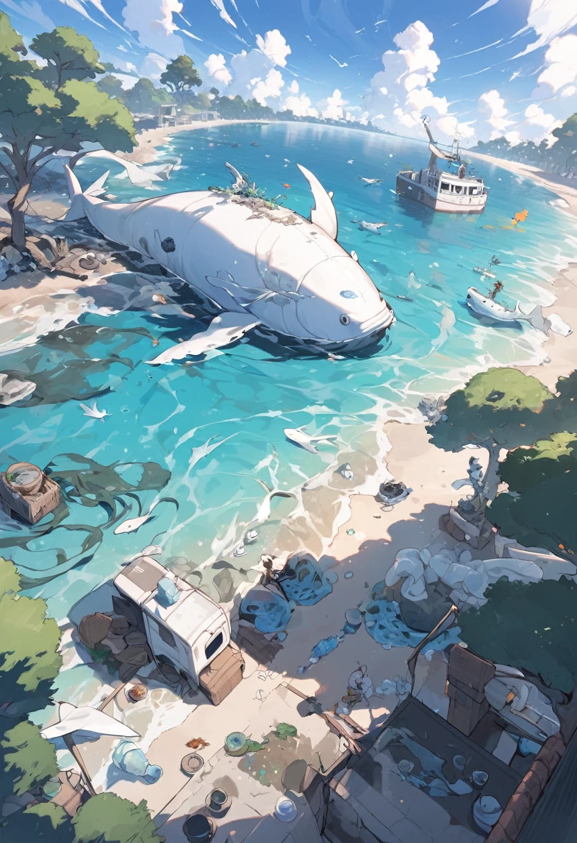 Marine pollution，disaster，garbage bag fish，tree，white whale cleanse，seaweed，water pipe，near future，chimney ，meticulous，high quality，flat，