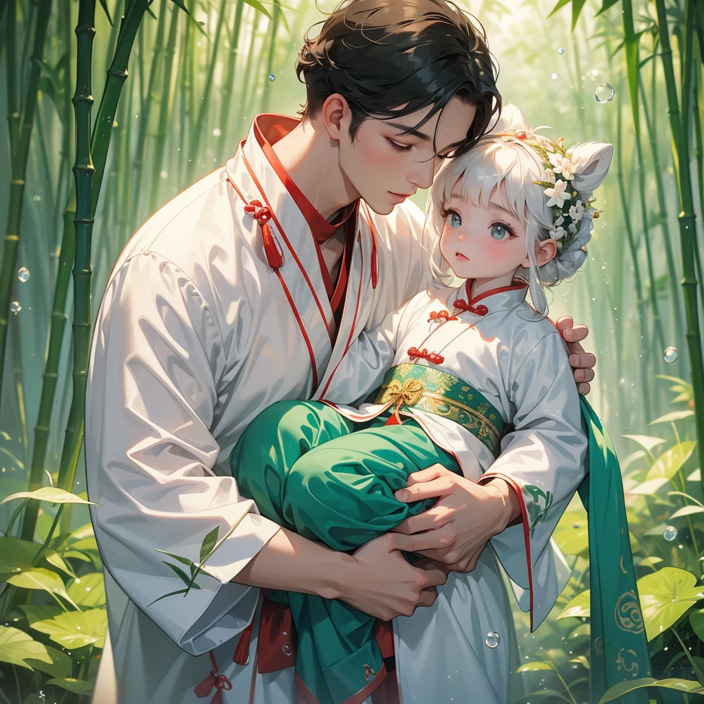 A one-year-old baby boy in an white ancient Chinese baby costume with his beautiful mother, dressed in an ancient Chinese costume, playing with each other, with his handsome father standing next to his mother, close up.

Behind is a lush green bamboo forest. The air after rain has water droplets splashing around.